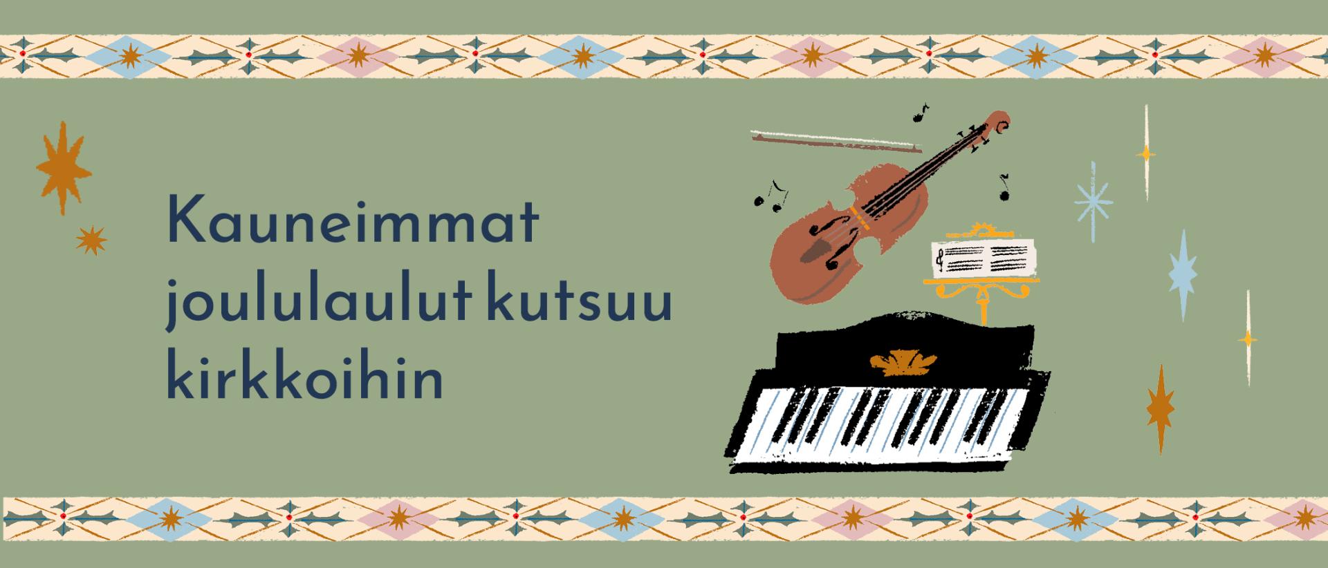 Piirretty kuva: soittimia, nuotteja ja tähtiä vihreällä taustalla