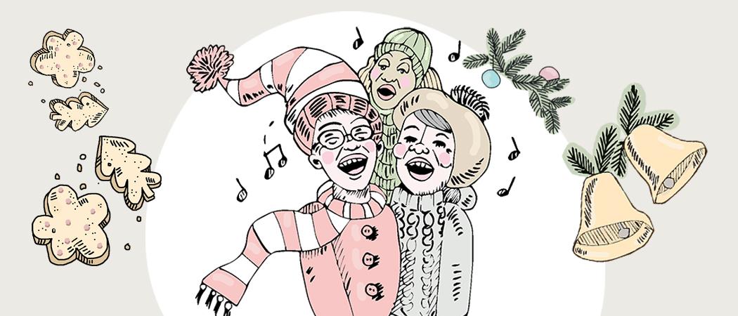 Piirretty kuva jossa iloisesti laulavia ihmisiä, joulukellot ja piparkakkuja.