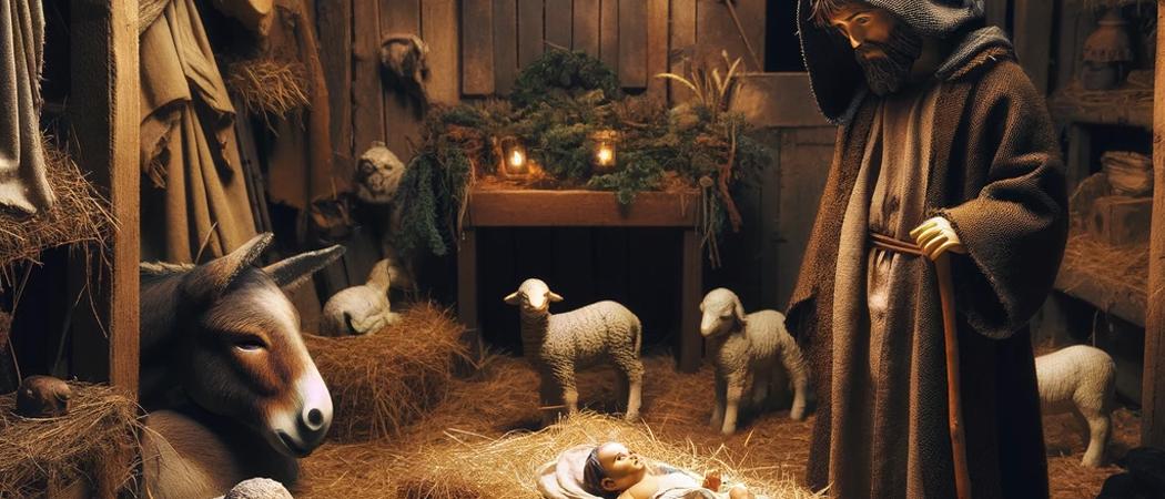 Talli jossa eläimiä ja seimessä lepäävä Jeesus vauva.