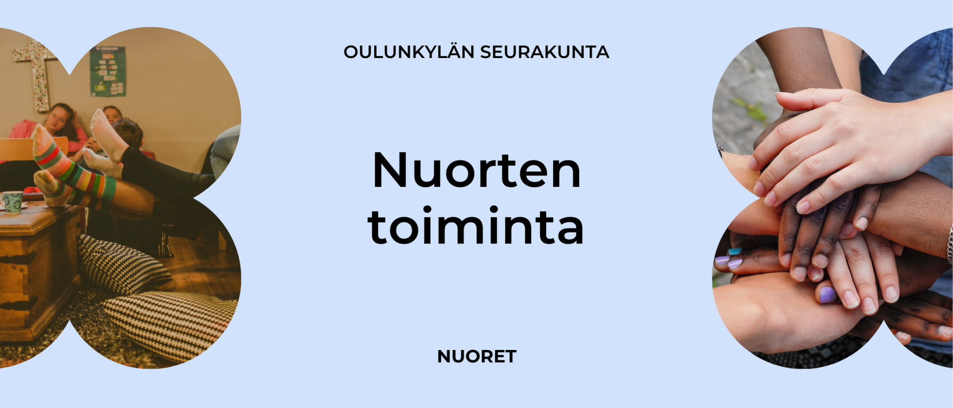 Toisessa kuvassa ihmisiä oleilee rennosti Kakkosen sohvilla. Toisessa kuvassa ihmisten kädet toistensa päällä