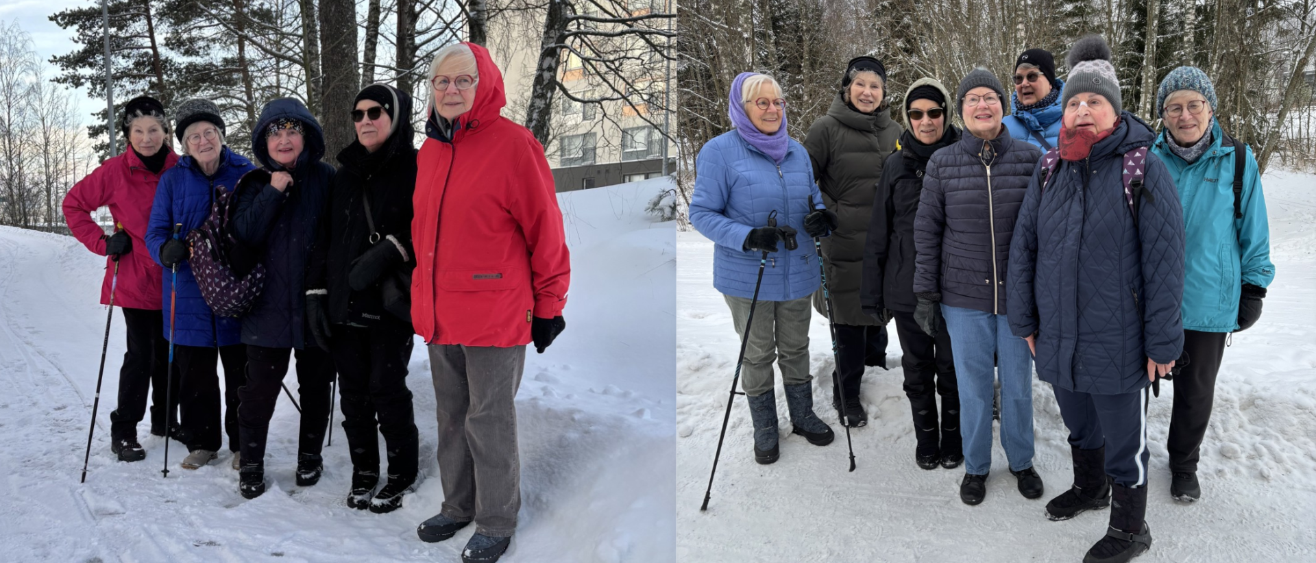 Kahdessa eri valokuvassa neishenkilöitä talvisissa maisemissa.