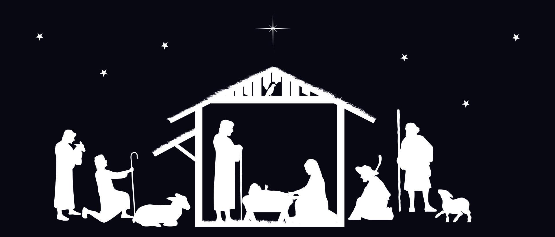 Jouluseimi-siluetti tummaa taustaa vasten. Paimenet kumartavat Jeesukselle MArialle ja Joosefille