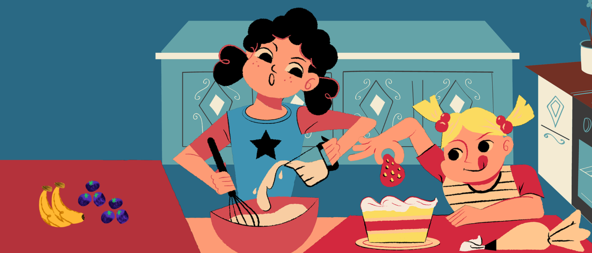 Piirroskuvassa kaksi tyttöä leipomassa