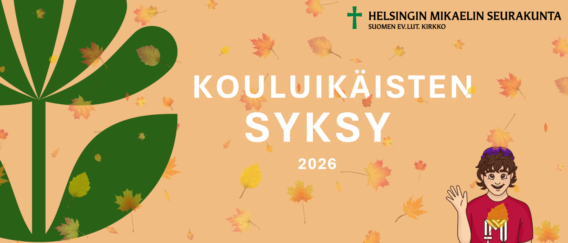 Persikanvärisellä pohjalla kuva tummanvihreästä kukasta ja valkoisella teksti