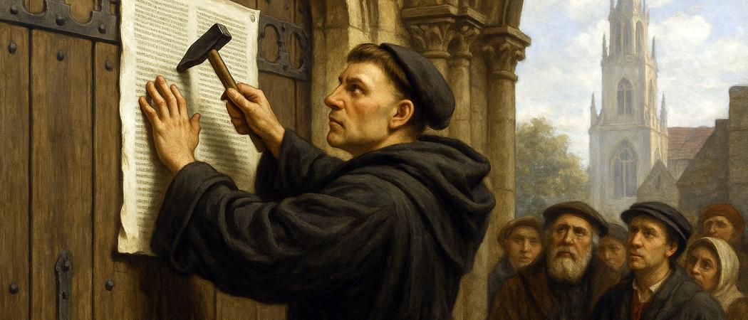 Luther naulaa teesejä kirkon oveen. Piirroskuva.