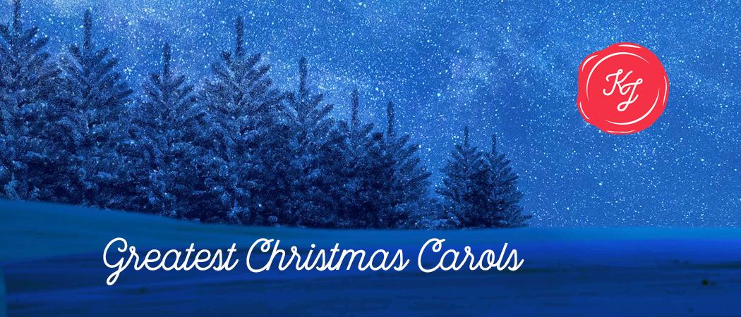 Sinisävyinen öinen talvimaisema, jossa kuusia ja Kauneimmat Joululaulut -sinetti sekä teksti Greatest Christmas Carols.