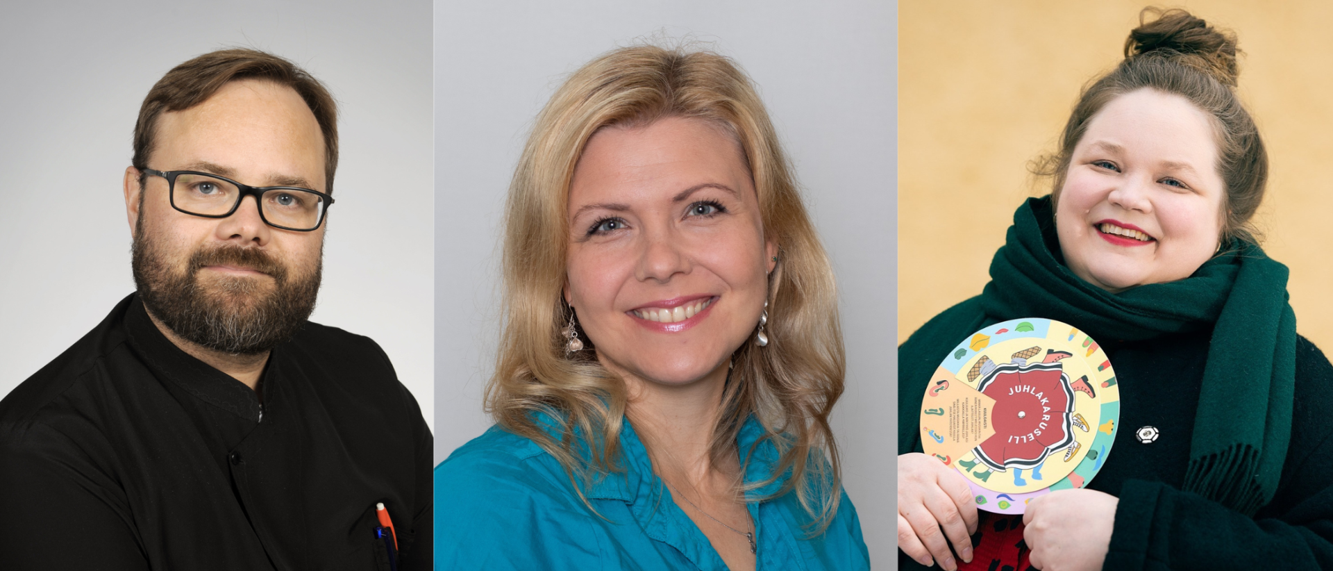 Kolme henkilöä puolivartalokuvissa: vasemmalla mies tummassa puvussa, keskellä nainen farkkupaidassa ja oikealla nainen tummassa asussa