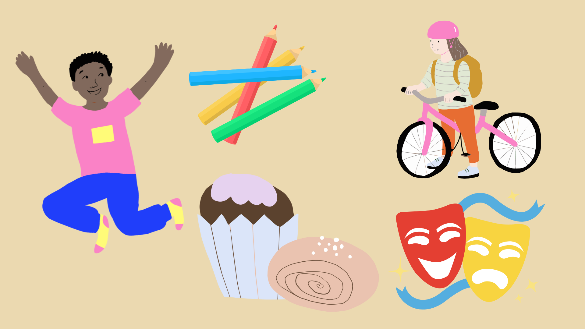 Kuvassa piirrettyjä lapsia, leivoksia, värikyniä ja naamioita