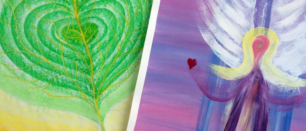 Kuvassa kaksi piirrosta, joista toisessa vihreä sydän ja toisessa violettisävyinen hahmo jolla siivet.