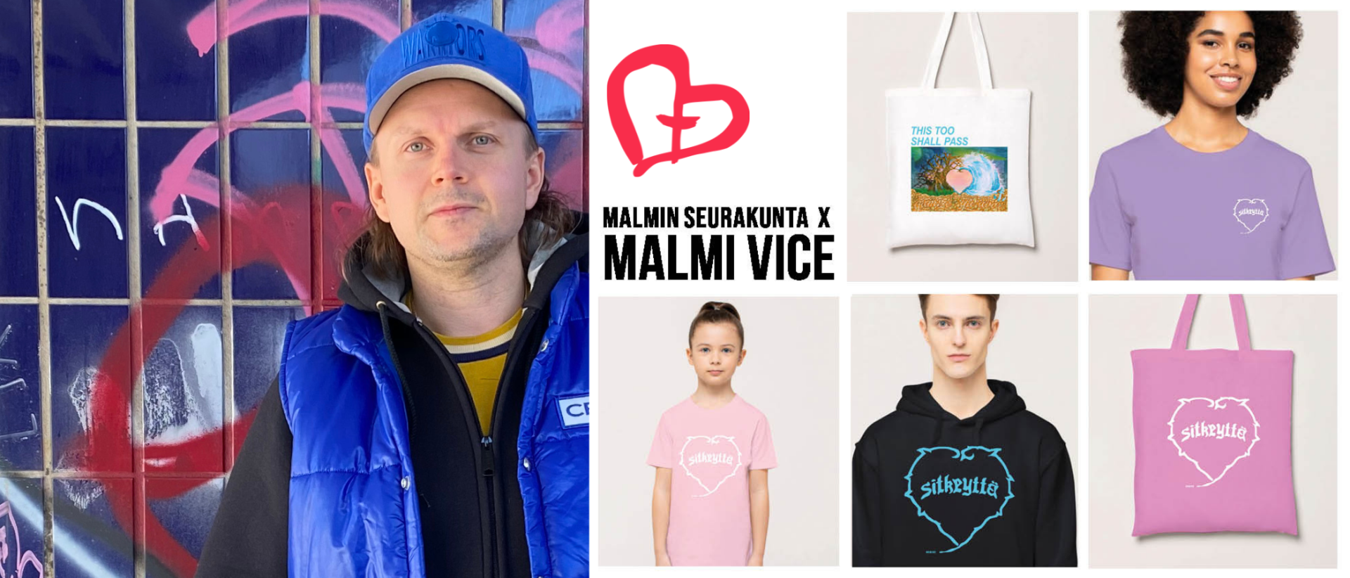 Malmi Vice graffitiseinän edessä, vieressä tuotekuvia yhtistyömallistosta sekä teksti: Malmin seurakunta X Malmi Vice