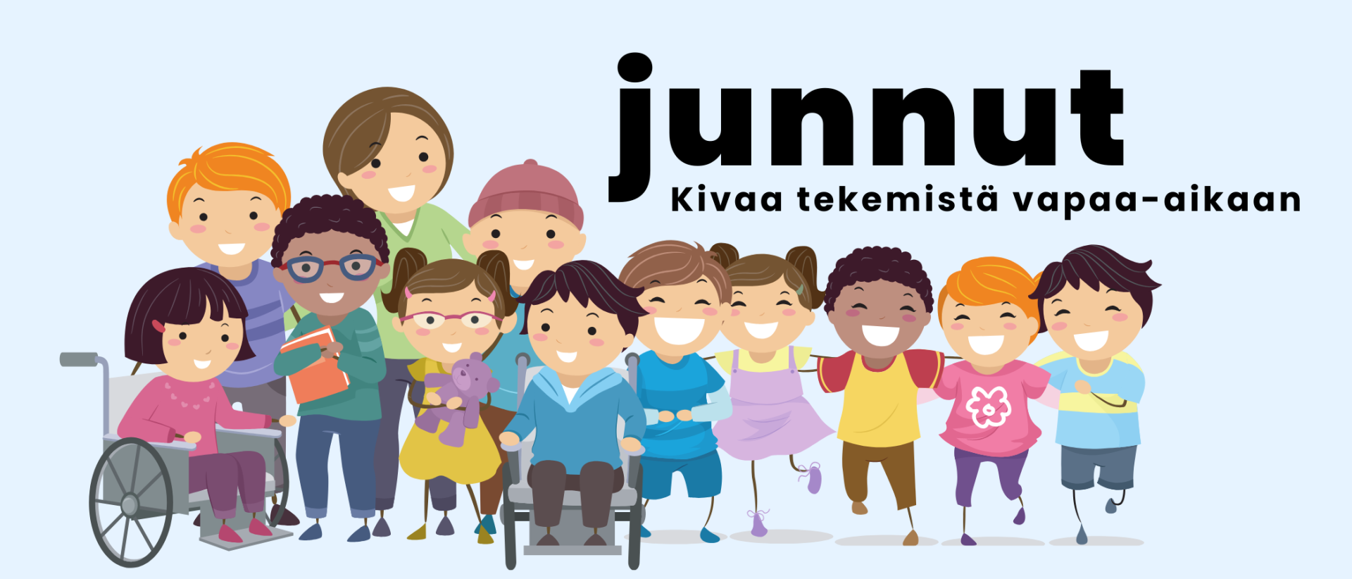 Sinisellä taustalla joukko erilaisia lapsia. Kuvassa teksti: