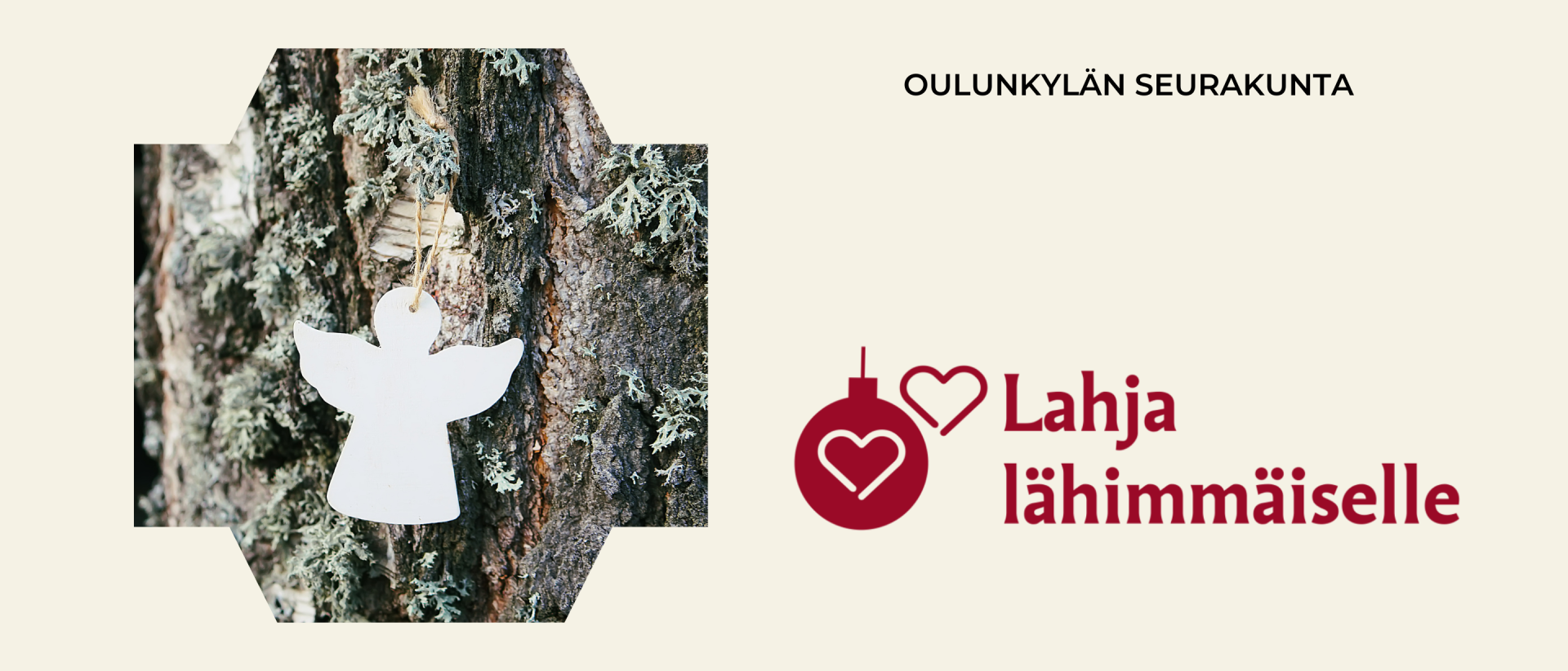 Joulukuusenkoriste, valkoinen enkeli. Taustalla männyn tai kuusen paksu runko.