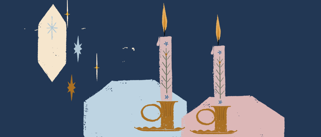 Kaksi piirretty&auml; palavaa kynttil&auml;&auml; tummassa taustassa.