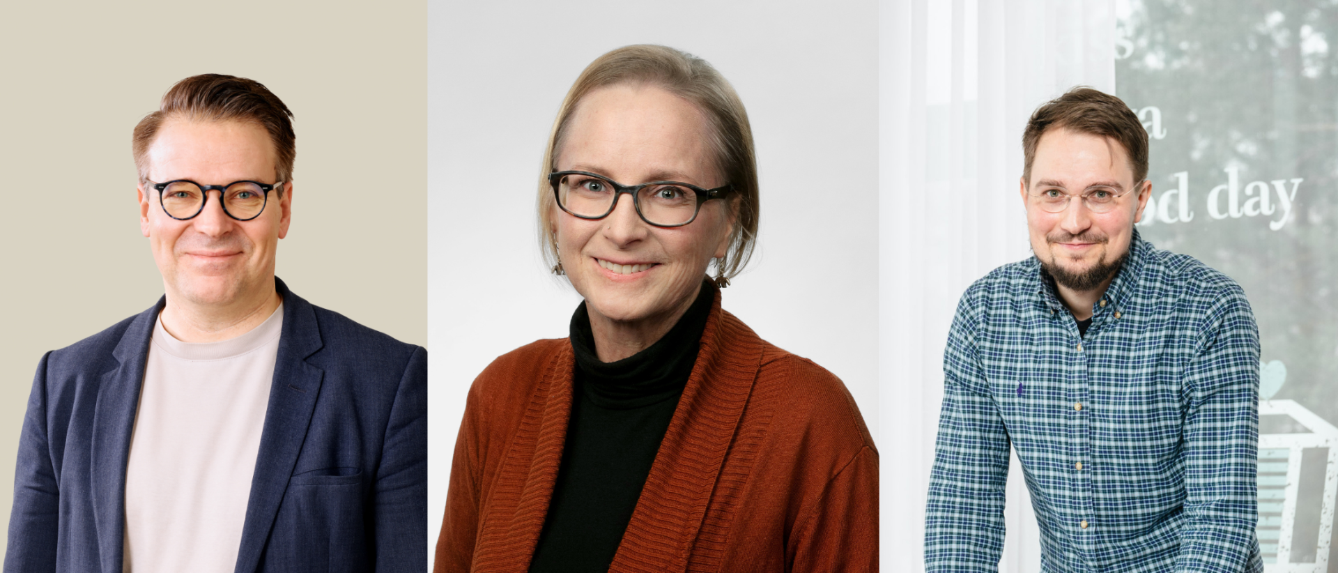 Kolme henkilöä puolivartalokuvissa