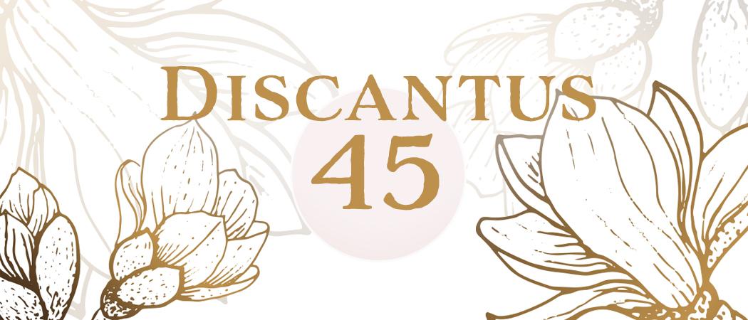 Kullansävyisiä piirrettyjä kukkia, teksti Discantus 45
