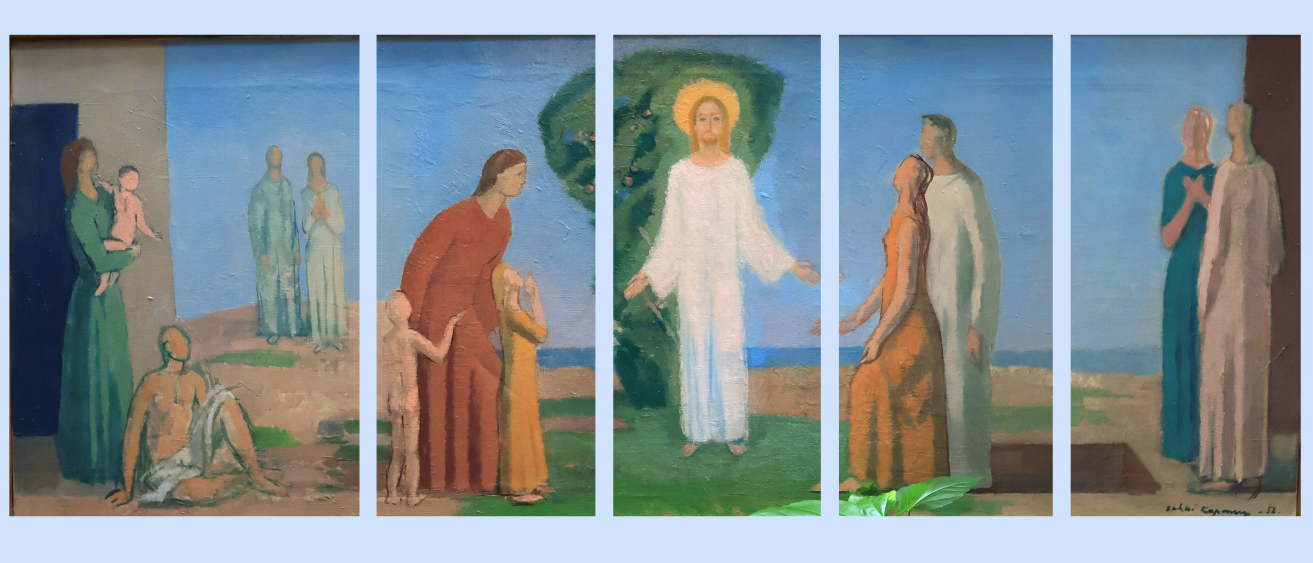 Oulunkylän kirkolla oleva pääsiäisaiheinen taulu, jossa on ylösnoussut Kristus ja ympärillä joukko ihmisiä