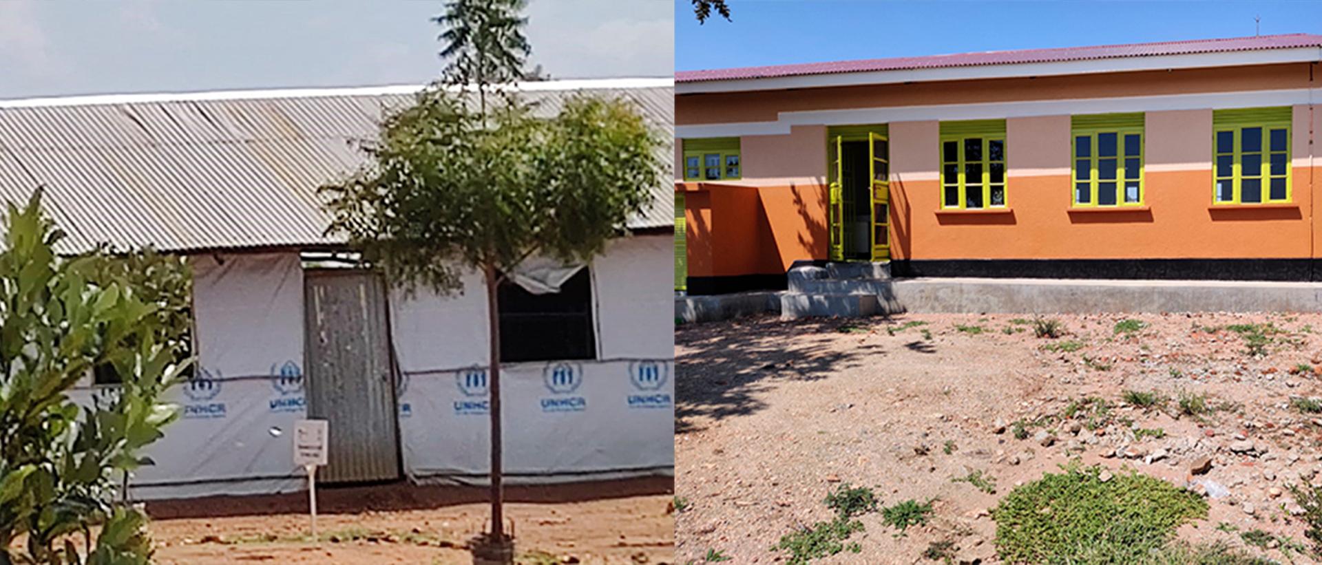 Vasemmalla vaatimaton telttakoulu ja oikealla paremmin rakennettu ja varusteltu koulu BidiBidin pakolaisasutusalueella Ugandassa