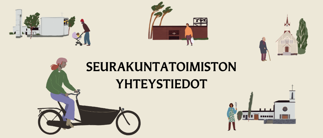 Piirroskuva Oulunkylän, Maunulan, Käpylän kirkoista ja Oulunkylän puukirkosta. Piirrettyjä ihmishahmoja kirkkojen ympärillä