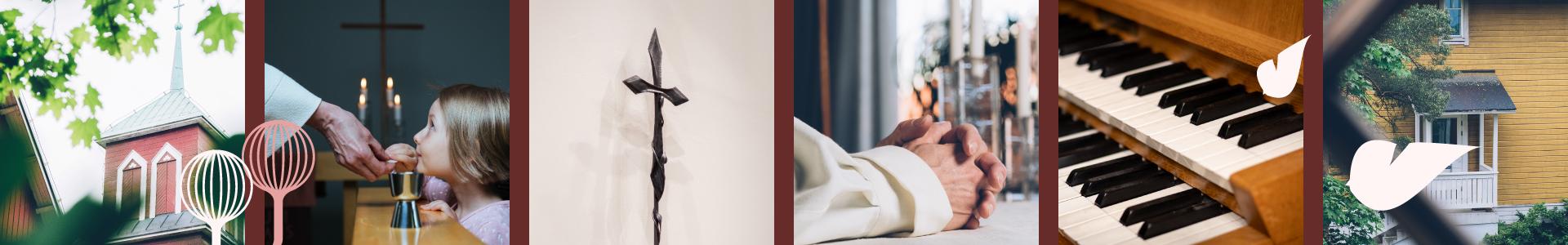 Kellotorni, lapsi ehtoollisella, risti, k&auml;det ristiss&auml;, urun koskettimet ja keltainen T&ouml;n&ouml;.