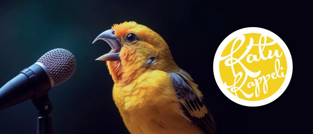 Keltainen lintu laulaa mikrofoniin.