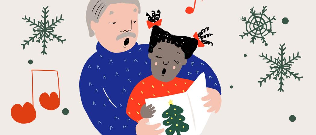 Piirretyssä kuvassa tyttö ja pappa laulavat joululauluja.