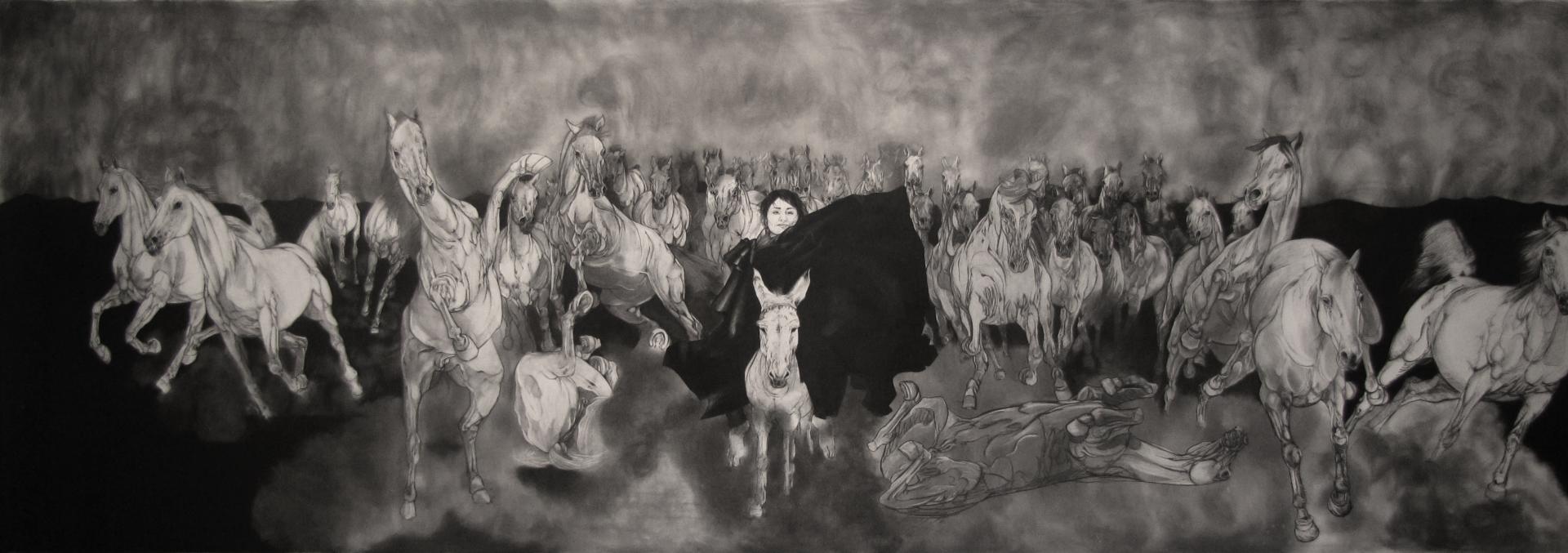 Mustavalkoinen maalaus, jossa tumma-asuinen ratsastaja sekä hevosia.
