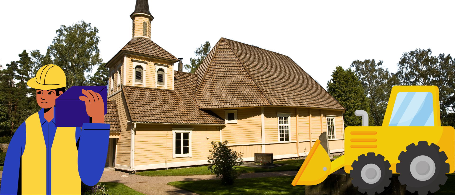 Östersundomin kirkko jonka päällä graafiset kuvat rakennustyömiehestä ja traktorista