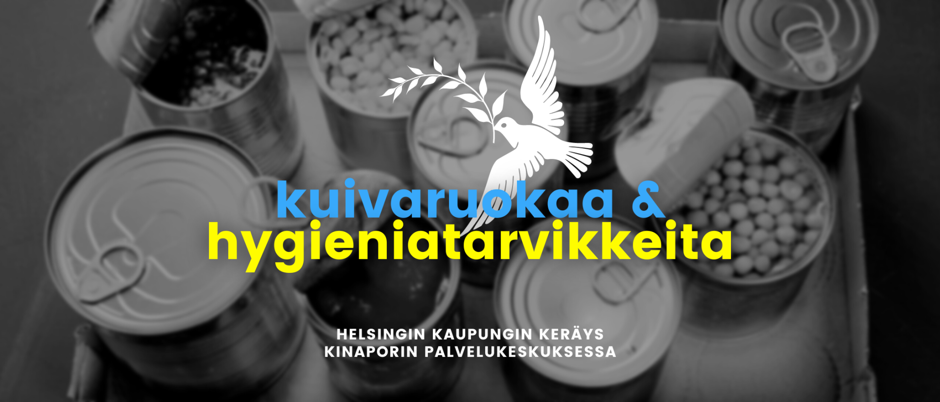 Kuivaruokaa ja hygieniatarvikkeita. Helsingin kaupungin keräys Kinaporin palvelukeskuksessa.
