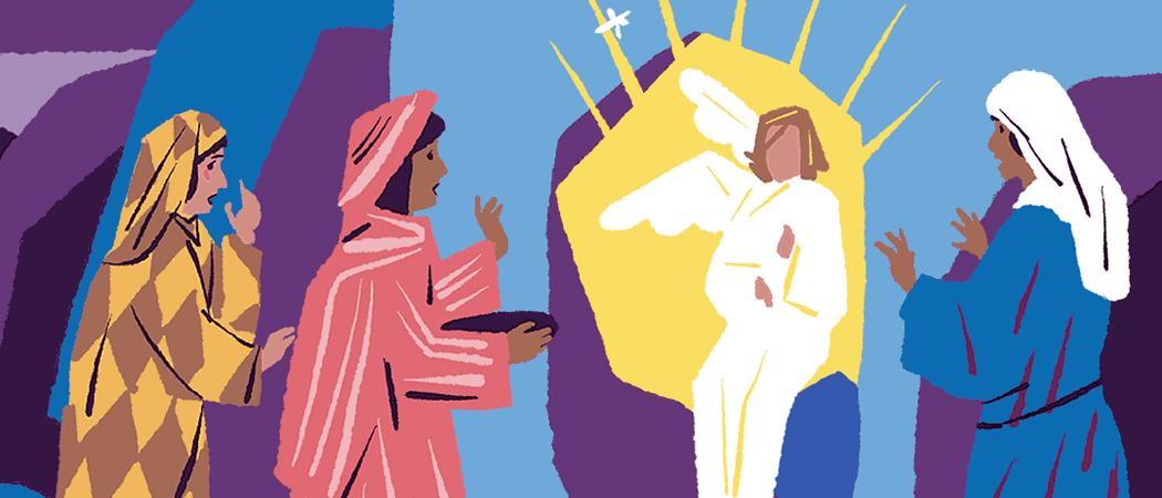 Ilja Karsikkaan piirroksessa kolme naista kohtaa Jeesuksen tyhjällä haudalla valkopukuisen enkelin.