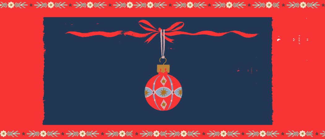 Piirretty punainen koristeltu joulupallo roikkuu rusetilla olevasta nauhasta.