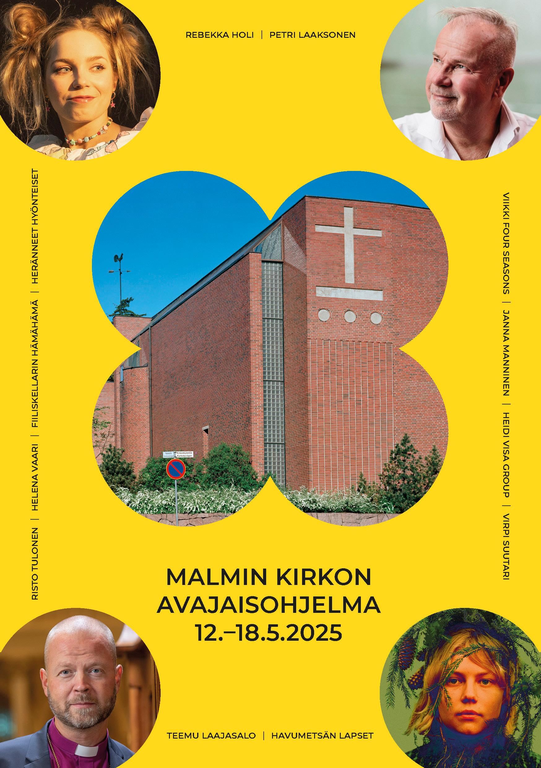 Malmin kirkon avajaisviikon esite keltaisella pohjalla Malmin kirkon ja avajaisviikon esiintyjien kuvia