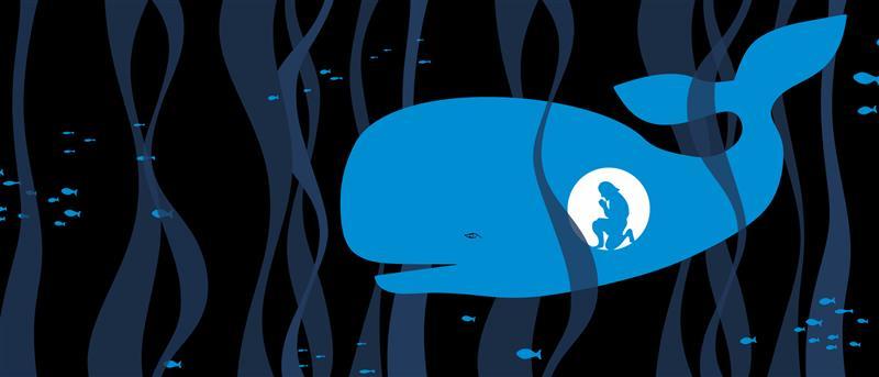 Tecknad bild av Jona i valfiskens buk