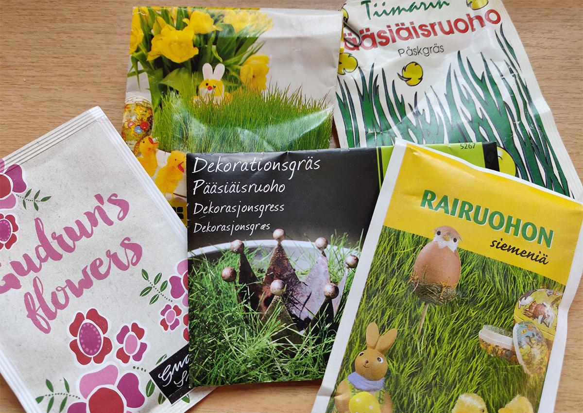 Erilaisia rairuohonsiemeniä sisältäviä pusseja
