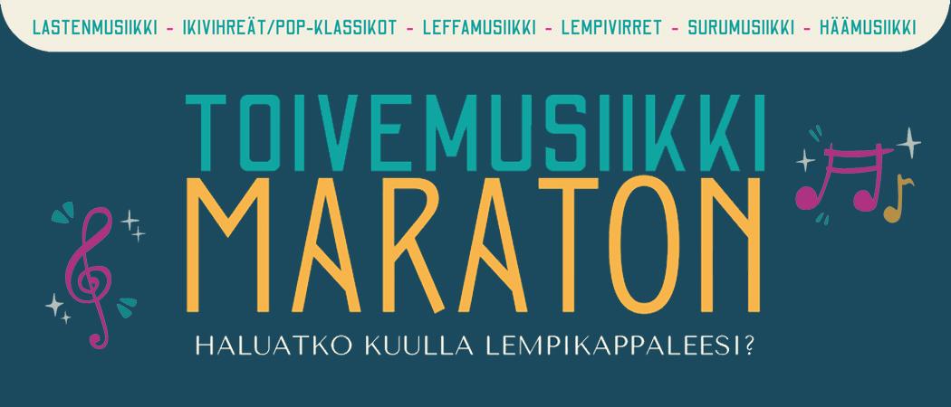 Tummalla pohjalla värikäs teksti Toivemusiikkimaraton.