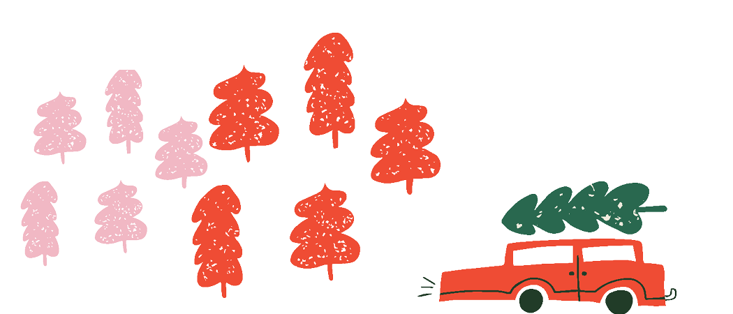 Punaisia ja vaaleanpunaisia joulupuita sekä auto, joka kuljettaa joulukuusta.