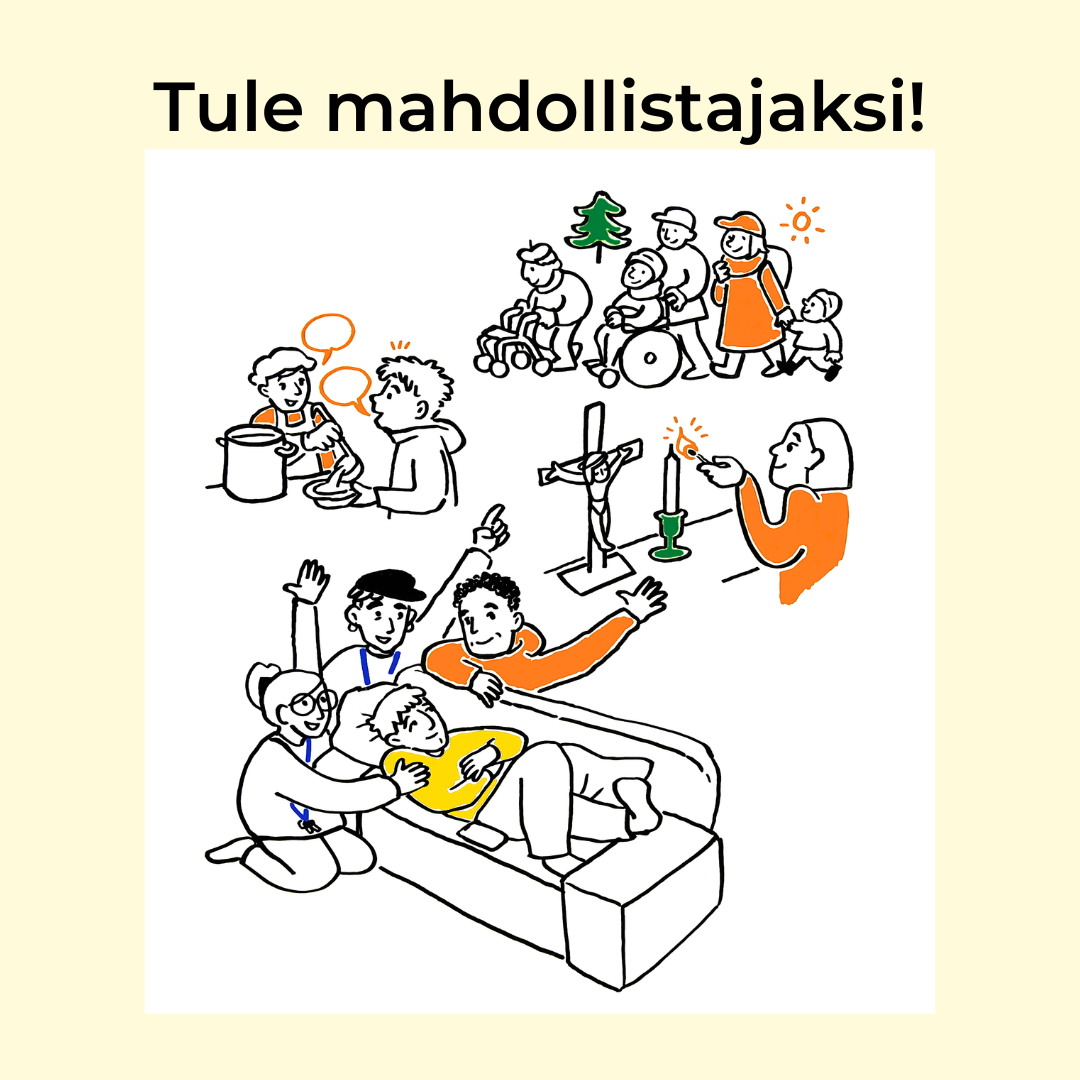 Tule mahdollistajaksi! Piirroskuvitusta Herttoniemen seurakunnan videosta jossa markkinoidaan mahdollistajaksi ryhtymistä