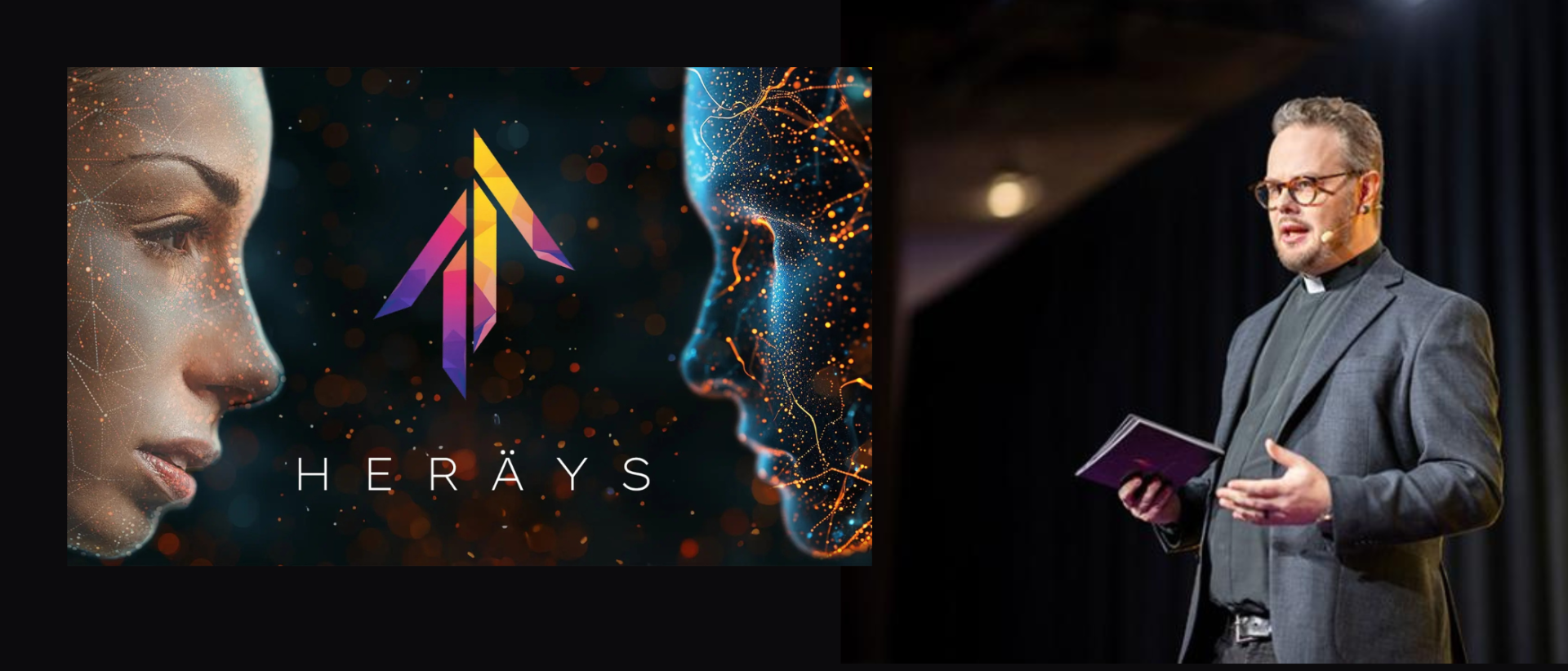 Kahdet kasvot vierekkäin mustalla pohjalla sekä mies mustassa asussa ja papinkauluksella