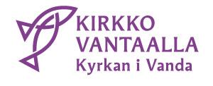 Kalaa esittävä viivapiirros sekä teksti Kirkko Vantaalla Kyrkan i Helsingfors