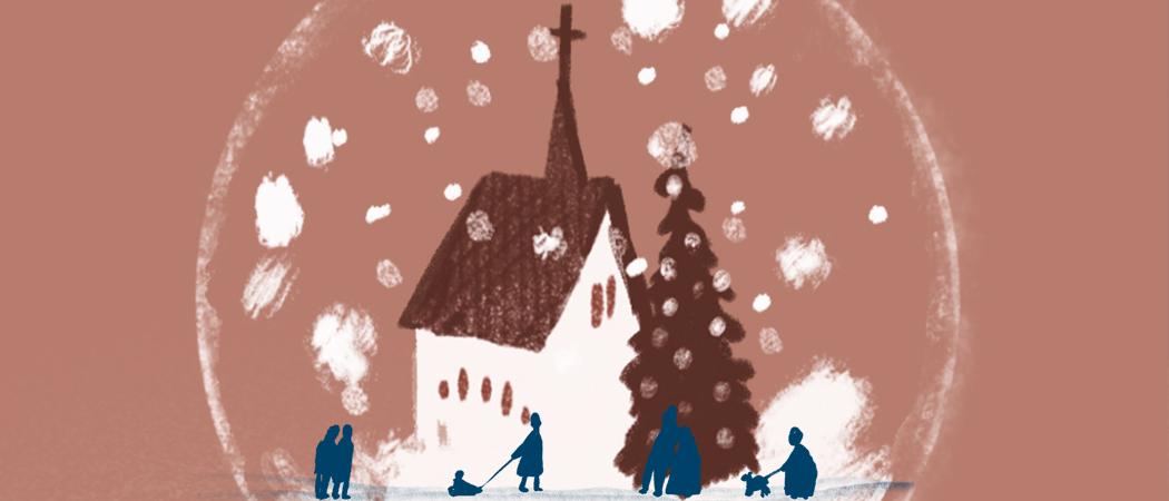 Ruskeasävyisellä taustalla piirretyssä pallossa kirkko, joulukuusi ja ihmisiä.