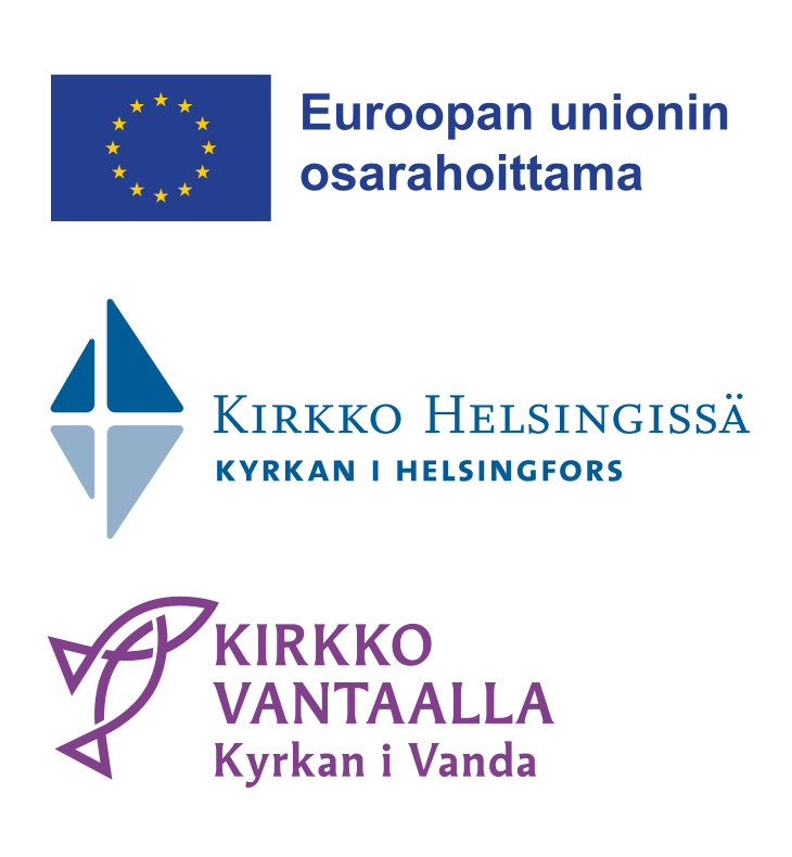 EU.n lippu, Euroopan unionin osarahoittama; Kirkko Helsingissä, Kyrkan i Helsinfors -logo; Kirkko Vantaalla, Kyrkan i Vanda -logo.