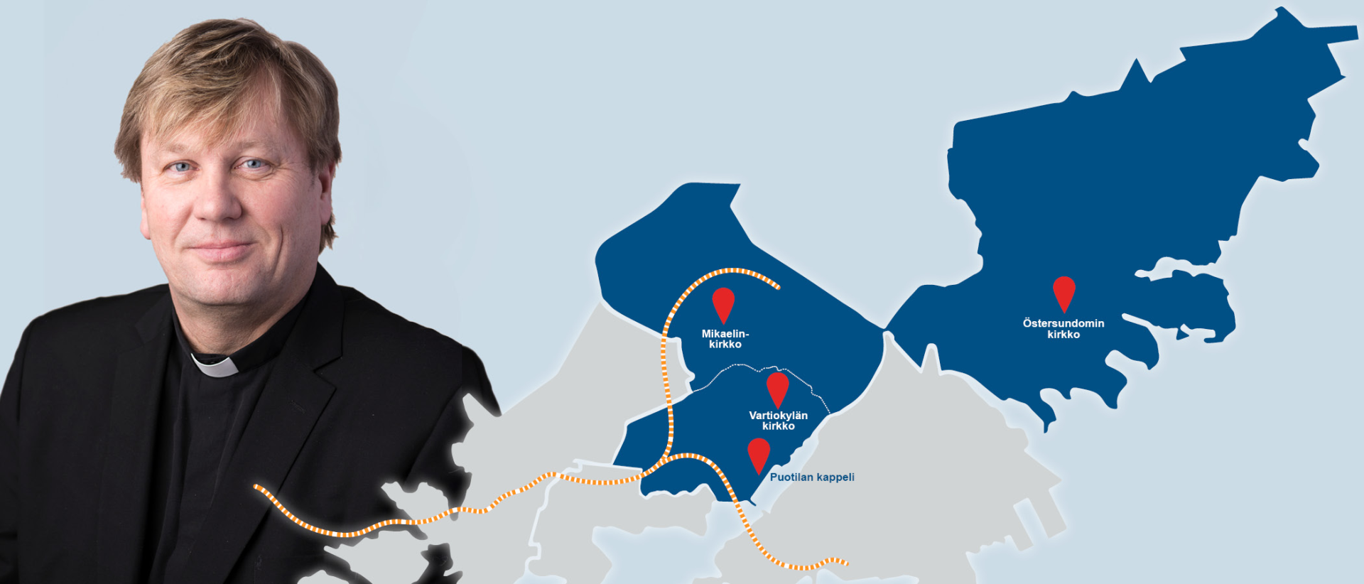 Kirkkoherra Jukka pakarisen kuva ja kartta uudesta Mikaelin seurakunnan alueesta sinisellä pohjalla