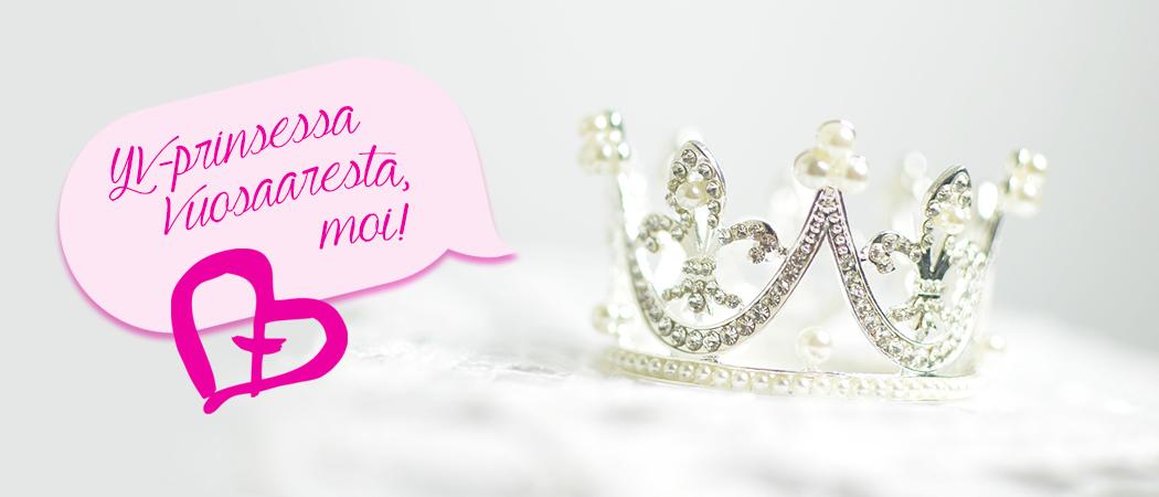 Prinsessan kruunu, siitä lähtee puhekupla jossa lukee: YV-prinsessa Vuosaaresta, moi! Puhekuplan alla Yhteisvastuukeräyksen logo.