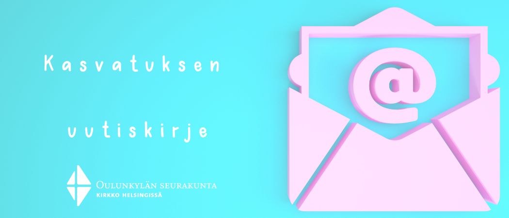 Oulunkylän seurakunnan kasvatuksen uutiskirje, seurakunnan logo, vaaleanpunainen kirjekuori ja sininen tausta
