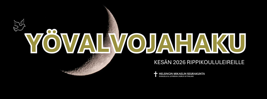 Öinen taivas jossa kuu ja pieni kyyhkynen. Tekstissä tieto: Yövalvojahaku kesän rippikoululeireille. Alla seurakunna logo.