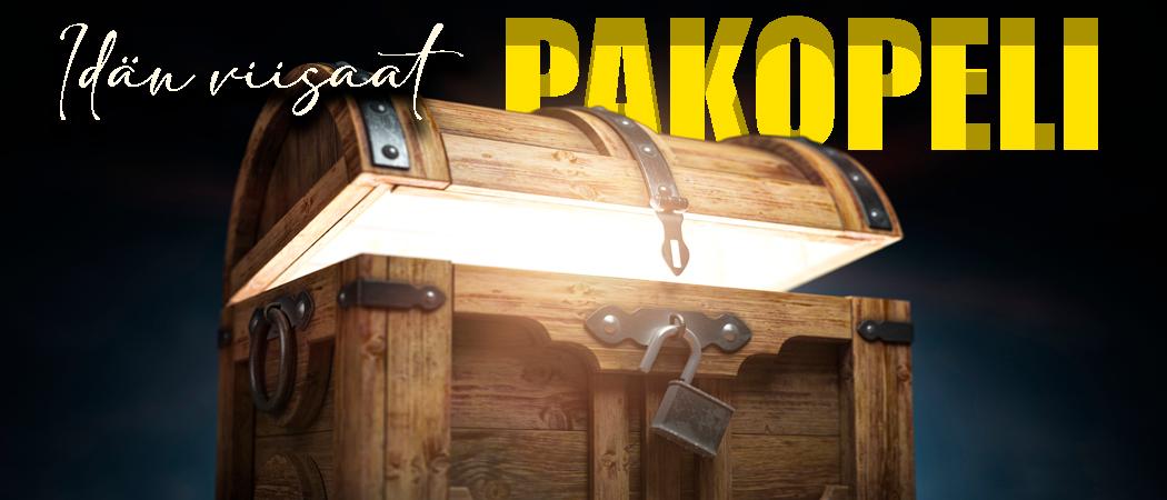 Tummaa taustaa vasten avoin aarrearkku josta kajastaa valoa.