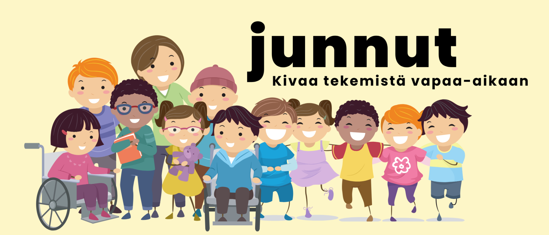 Keltaisella pohjalla piirretty kuva lapsista. Kuvass teksti: