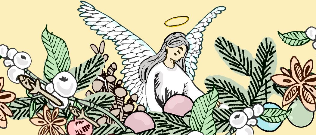 Piirretyssä kuvassa enkeli ja havujen keskellä runsaasti joulukoristeita, palloja ja käpyjä.