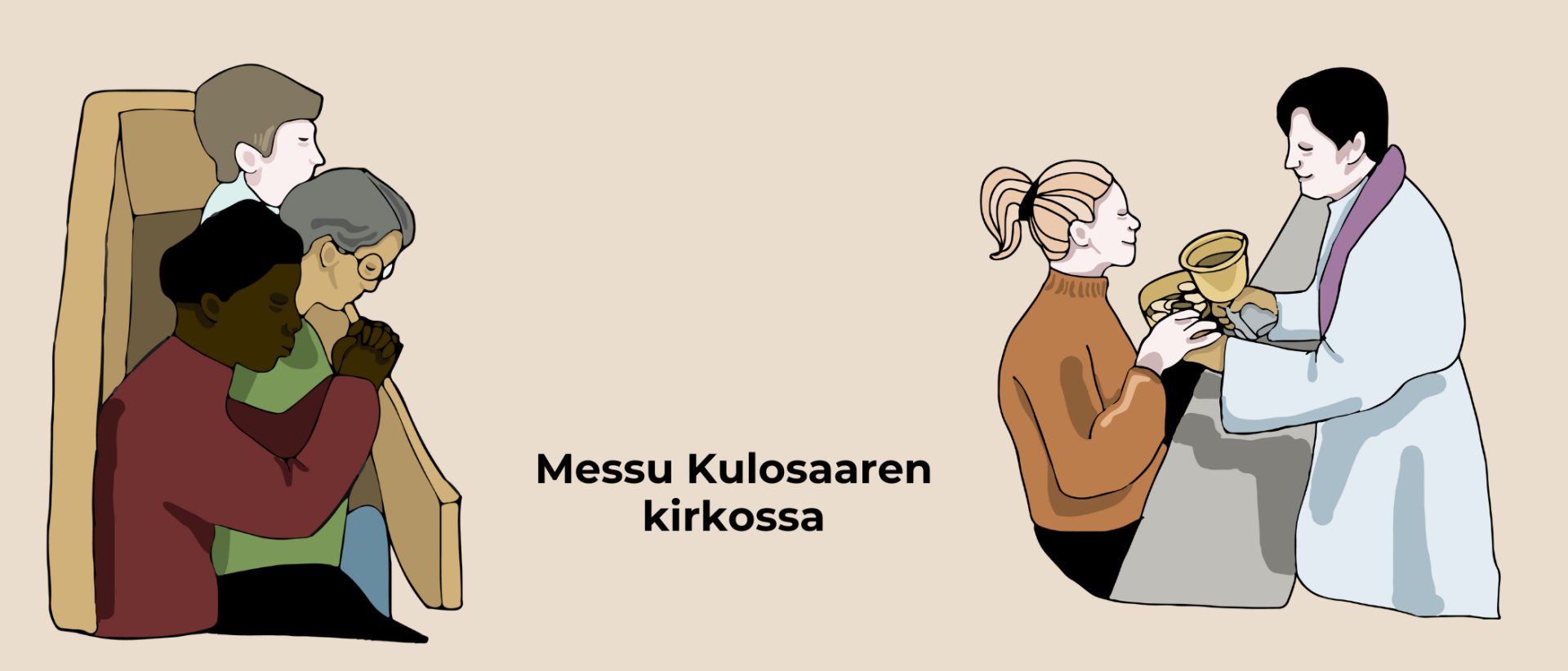 Messu Kulosaaren kirkossa. Piirroskuvitusta vaaleanruskealla pohjalla. Penkissä rukoilevia seurakuntalaisia ja ehtoollispöydässä oleva nainen