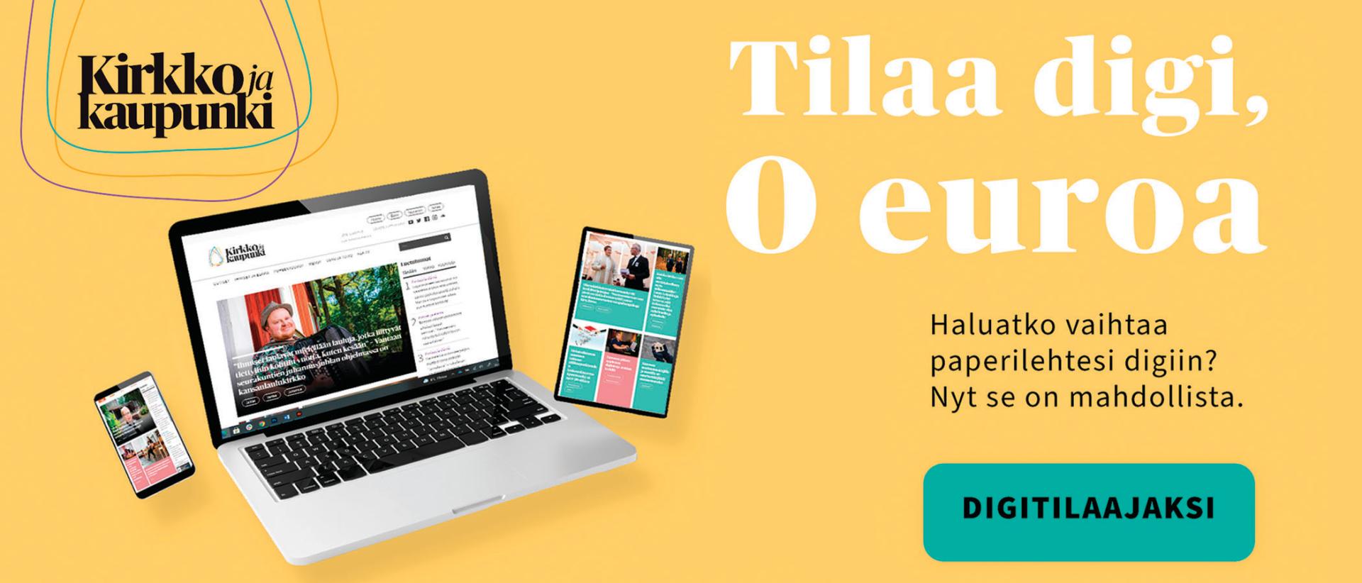 Kuvassa mainostetaan mahdollisuutta tilata Kirkko ja kaupunki -mediasta digiversio