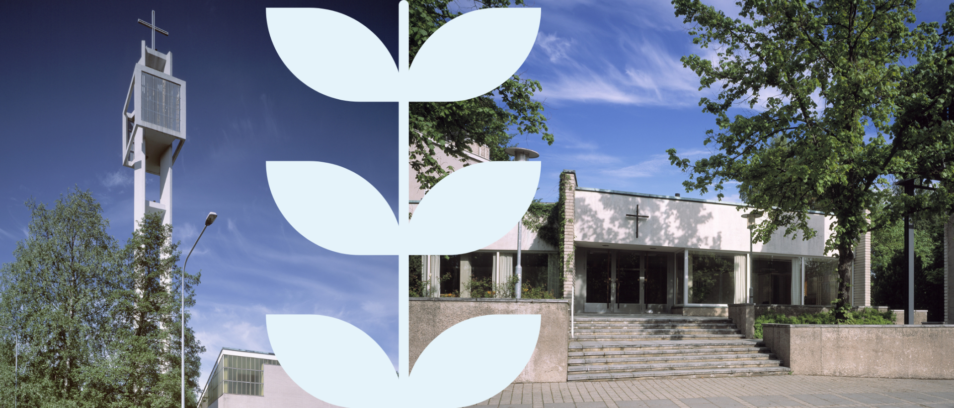 Munkkivuoren kirkko ja Munkkiniemen kirkko kesäkuvissa. Kuvien välissä vaaleansininen kasviornamentti